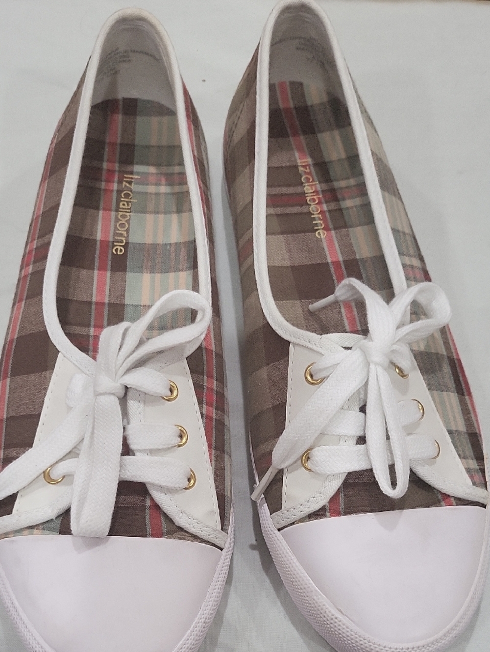 Liz Claiborne Brown Plaid Canvas Lace-Up Sneakers with White Trim